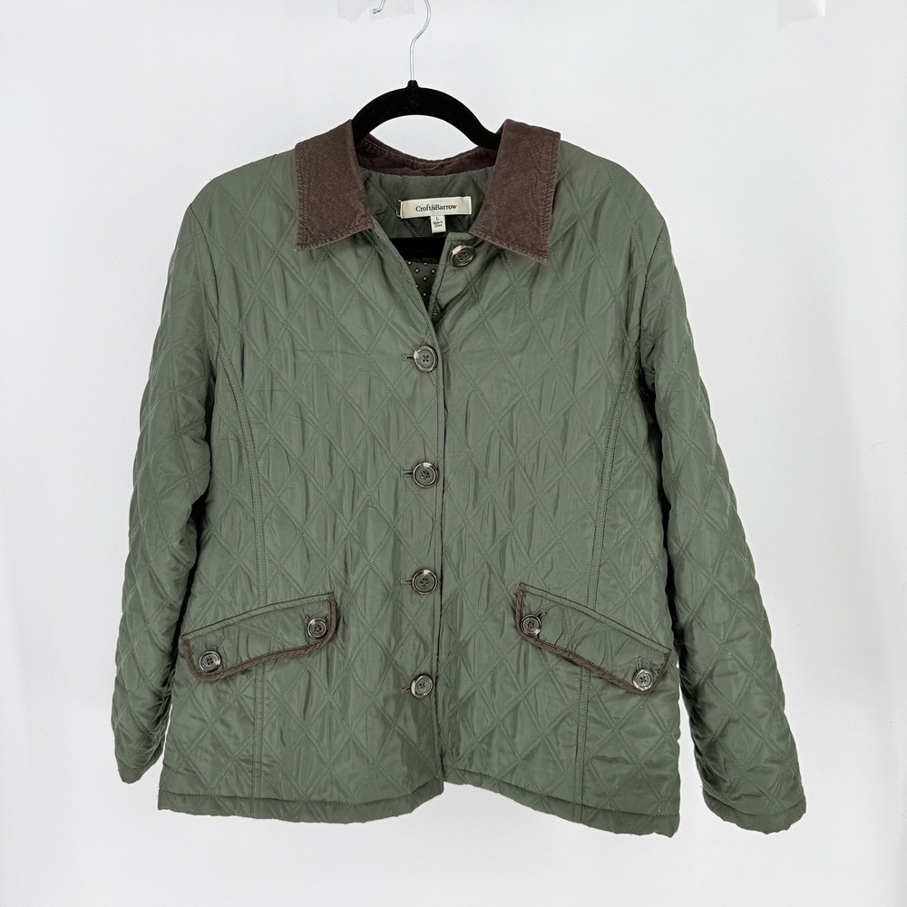 Croft & Barrow Mens Large Olive Green Quilted Barn Jacket Corduroy Collar L